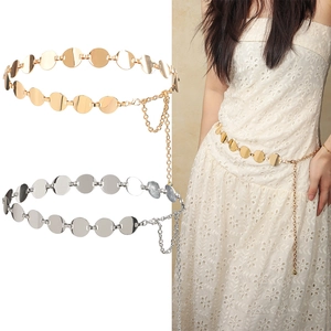Vintage Geometric Zinc Alloy Metal Round Plate Waist Chain Belt For Women Adjustable Dress Waistband Gold Silver Jewelry
