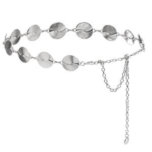 Elegant silver metal waist chain belt with spiral texture discs for women dresses