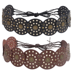 Western style wide leather waist belt with metal eyelets and vintage medallion discs