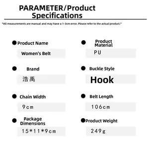 Detailed parameter table for women bohemian waist belt with dimensions and hook buckle