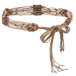 Ceinture de taille bohème tissée main avec perles de bois et glands sur fond blanc