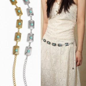 Vintage Bohemian Women Waist Chain Metal Alloy Artificial Turquoise Link Belt Adjustable Dress Accessory For Summer Beach Vacation