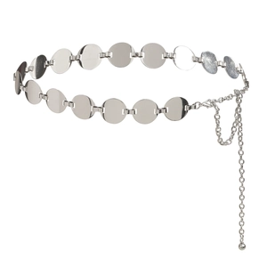 Polished silver metal coin chain belt with adjustable lobster clasp for women dresses