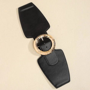 Eleganter schwarzer elastischer Taillengürtel für Damen mit großer runder Goldschnalle