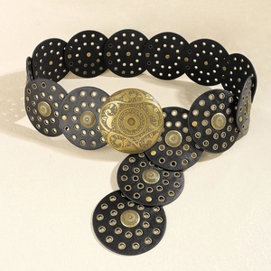 Bohemian women's black leather belt with metal eyelets and vintage engraved buckle