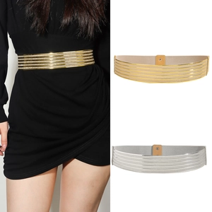 Ceinture Élastique Large pour Femme Bandes Parallèles Métalliques Bouton Pression Ceinture Extensible Décorative pour Robes