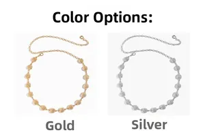 Detail of adjustable metal waist chain belt with hollow round discs in gold and silver