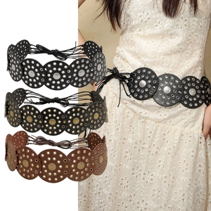 Boho Vintage Western-Cowboy Breiter Gürtel Für Damen Kreisförmiger Ausschnitt PU-Leder Hüftgürtel Sonnenblume Metallnieten Verstellbarer Schnürgürtel Zubehör