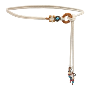 Bohemian woven belt with beige cotton rope, turquoise stone, and colorful bead tassels