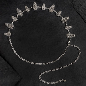 Silver gothic coffin chain belt with skull motifs and adjustable lobster clasp for women