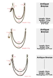 Three-style vintage bronze waist chains with wings, safety pin, and key pendants