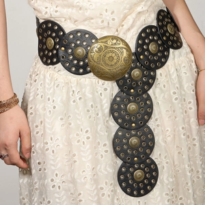 Vintage Bohemian Wide Belt For Women PU Leather Waist Seal With Carved Metal Buckle Ethnic Style Eyelet Accessories For Dress