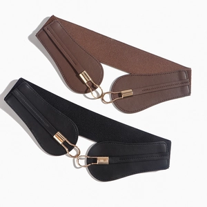 Elastic wide belt for women in black and brown with a gold metal buckle and leather ends