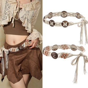 Chaîne de Taille en Cordon Ciré Tissée à la Main Bohème pour Femmes Ceinture Tressée Style Ethnique Vintage Avec Perles en Bois