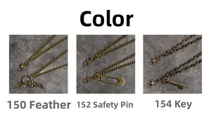 Detailed view of bronze metal pant chains featuring feather, pin, and key charms