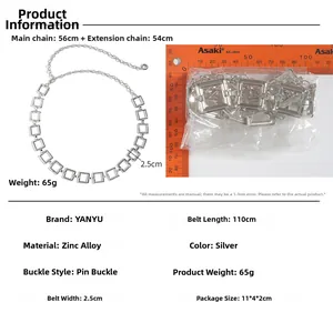 Detail view of silver square link waist chain in zinc alloy with pin buckle closure