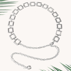 Close-up of adjustable silver square link metal waist chain belt for women's dresses