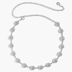 Detail of silver alloy waist chain with matte beads and lobster clasp closure