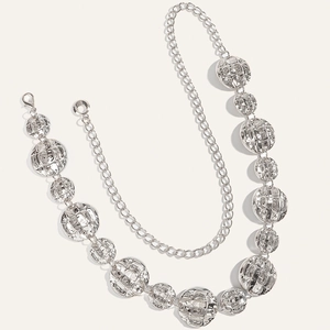 Chic silver metal chain belt with hollow round discs for women fashion dresses and jeans