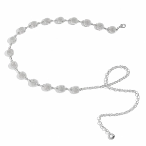 Detail view of silver chain belt featuring fifteen matte textured metal discs and lobster clasp