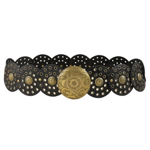 Bohemian black leather waist belt with vintage floral pattern round metal buckle