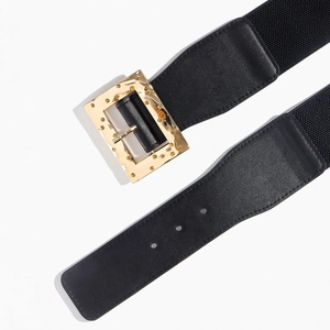 Ceinture large élastique noire pour femme avec boucle rectangulaire dorée et rivets