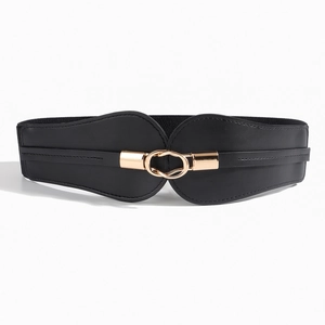 Chic black wide elastic belt with a golden double ring buckle for women dresses