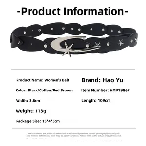 Detailed dimensions of retro wide belt with crescent moon and star buckle design