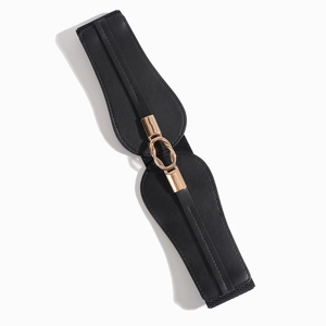 Detailed view of women's black elastic waist belt with gold double-ring metal buckle