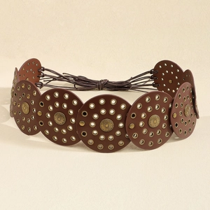 Vintage dark brown leather belt for women with bronze sunflower metal hollow discs