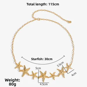 Detail of 115cm gold starfish waist chain showing dimensions and textured sea star charms