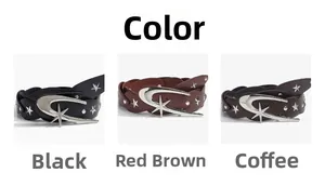 Close-up of vintage Y2K wide belts with star buckle in black, brown and red colors