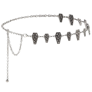 Silver gothic metal waist chain with skull coffin pendants and adjustable lobster clasp