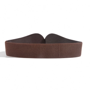 Detail of dark brown elastic wide belt featuring woven texture and semi-circle leather pieces
