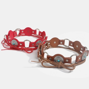 Bohemian leather belt with turquoise inlay and silver metal rings in red and brown