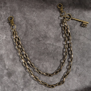 Chaîne de pantalon double bronze vintage avec pendentif clé rétro et fermoirs mousquetons