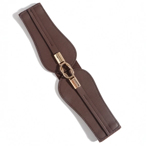 Close-up of brown elastic waist belt with gold interlocking metal buckle and PU leather