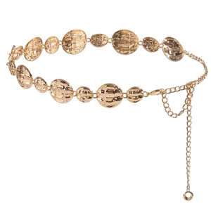 Chic gold metal waist chain with embossed oval plates and adjustable linked chain