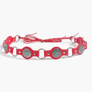 Red Bohemian leather belt with turquoise stones and silver vintage sunburst metal discs