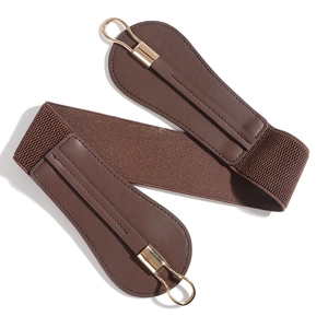 Detailed view of dark brown elastic wide belt with gold metal hook and leather accents