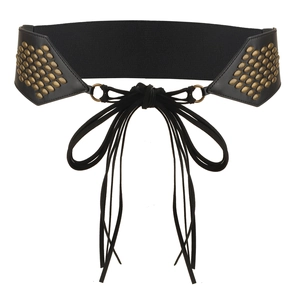 Women's black elastic corset belt with bronze rivets and tassel lace-up detail