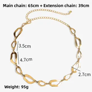Detailed view of golden irregular metal link belt with dimensions and adjustable lobster clasp