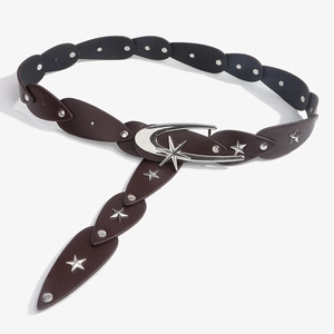 Vintage brown leather belt with crescent moon buckle and silver star metal accents