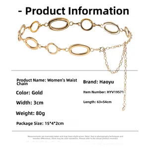 Detailed spec view of a gold oval metal waist chain with adjustable 63+54cm length