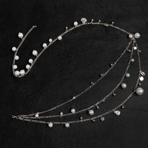 Elegant multi-layer silver body chain with pearls, shells and star charms for women