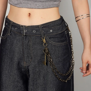 Chaîne de pantalon vintage à double couche en bronze avec pendentif clé pour jeans