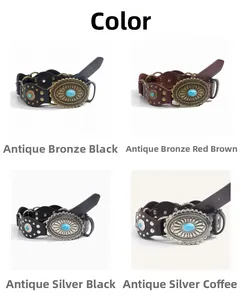 Western waist belts featuring oval floral buckles with turquoise stones and metal rivets