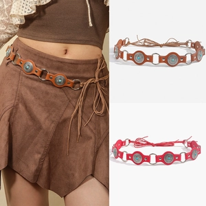 Bohemian Retro Women PU Leather Belt With Artificial Turquoise Metal Disc Inlay Adjustable Tie-up Ethnic Waist Chain Decorative Belt