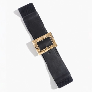 Ceinture élastique large pour femme en similicuir noir avec une boucle dorée texturée