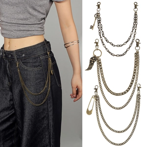 Retro Punk Metal Pants Chain Double Layer Belt Chain With Feather Key Pin Pendants Distressed Antique Style Unisex Jewelry